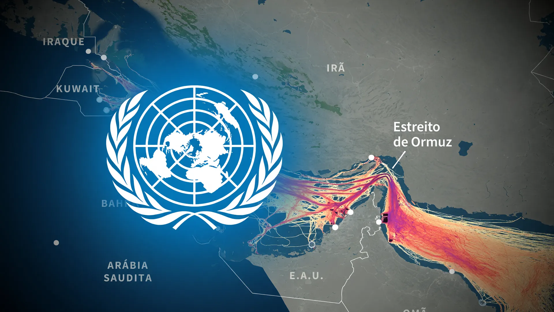 Mapa estratégico do bloqueio fertilizantes Estreito de Ormuz com símbolo da ONU alertando para crise humanitária iminente