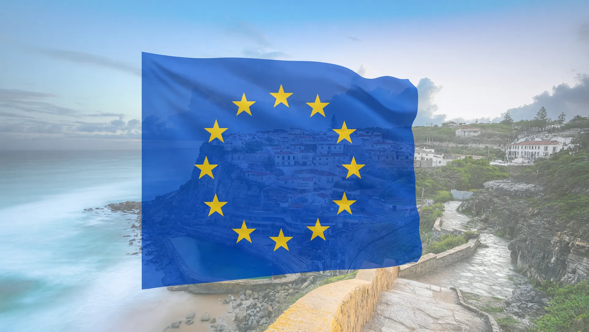Símbolo da UE como barreira contra brasileiros barrados na Europa 2025, com paisagem costeira portuguesa