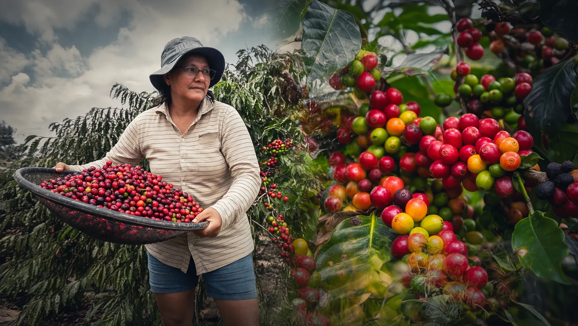 Café arábica safra 2026 exportação travada: produtor em colheita manual na plantation brasileira