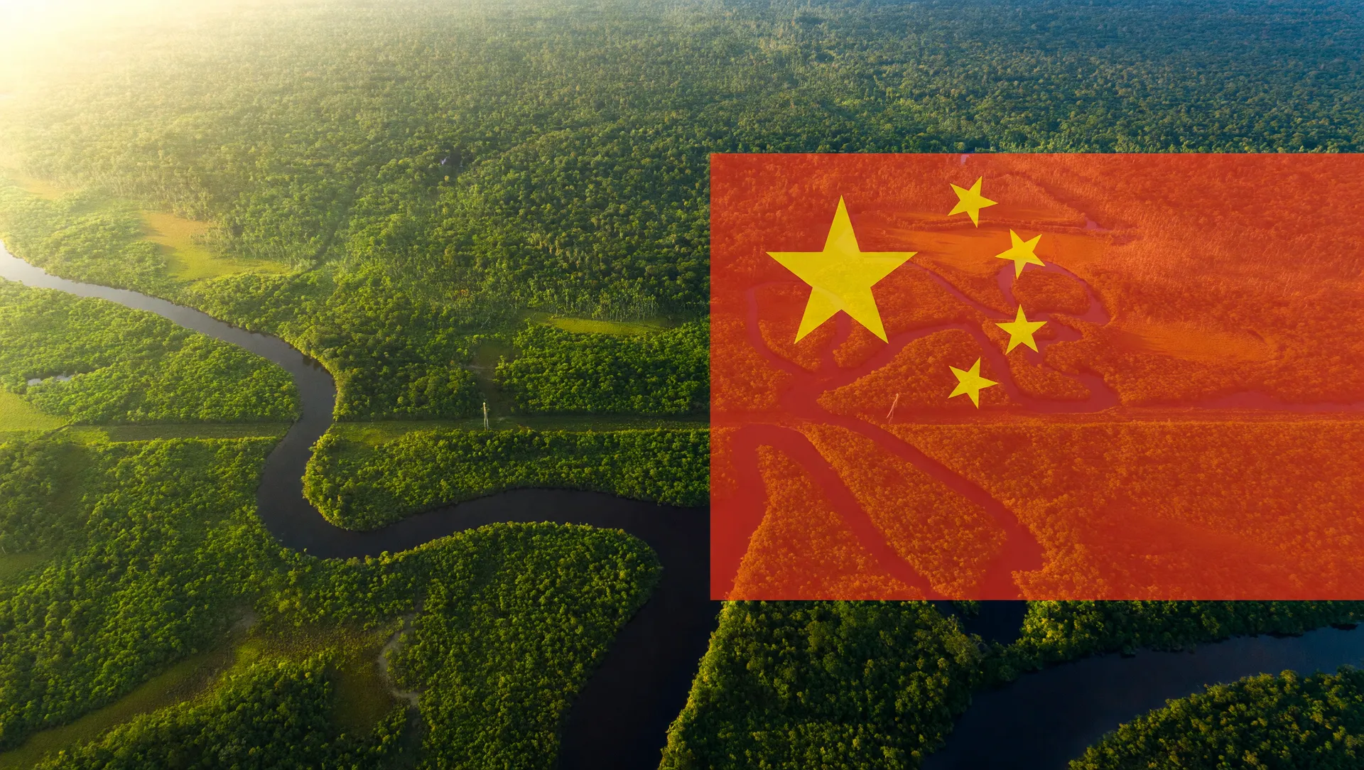 Vista aérea da Amazônia verde com símbolo da China mostrando parceria em carne bovina brasileira livre de desmatamento