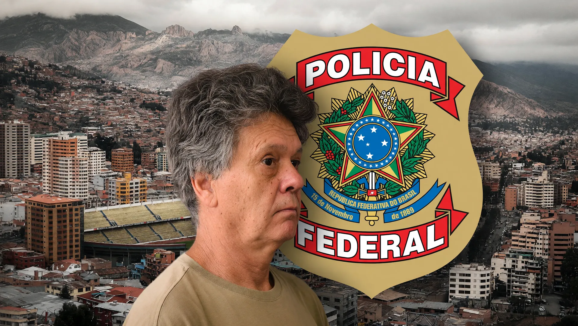 Retrato de Gerson Palermo, chefe do PCC preso na Bolívia, com símbolos da Polícia Federal e La Paz ao fundo.