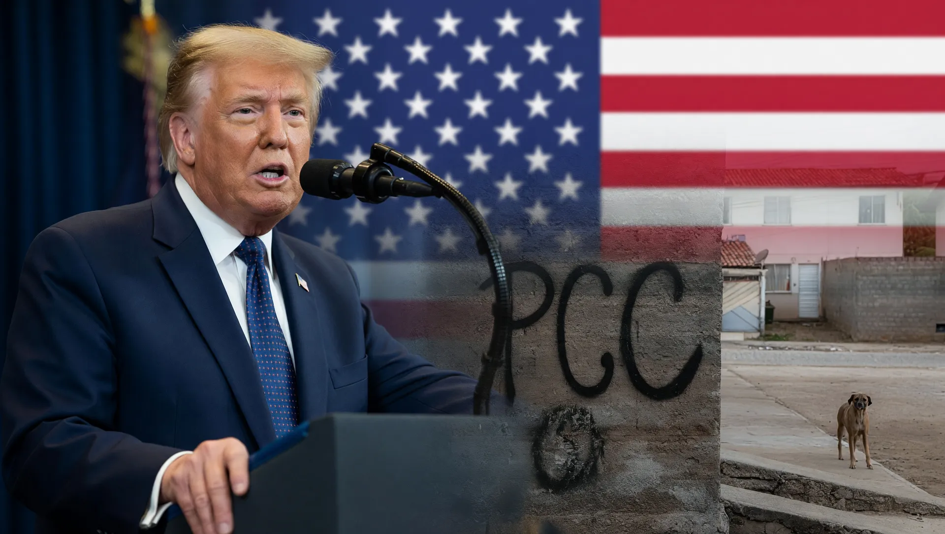 Retrato de Donald Trump em discurso sobre classificação PCC terrorista dos Estados Unidos e reação política brasileira