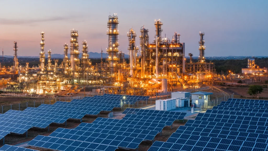 Refinaria Replan e usina solar simbolizam investimento em combustível sustentável de aviação Petrobras
