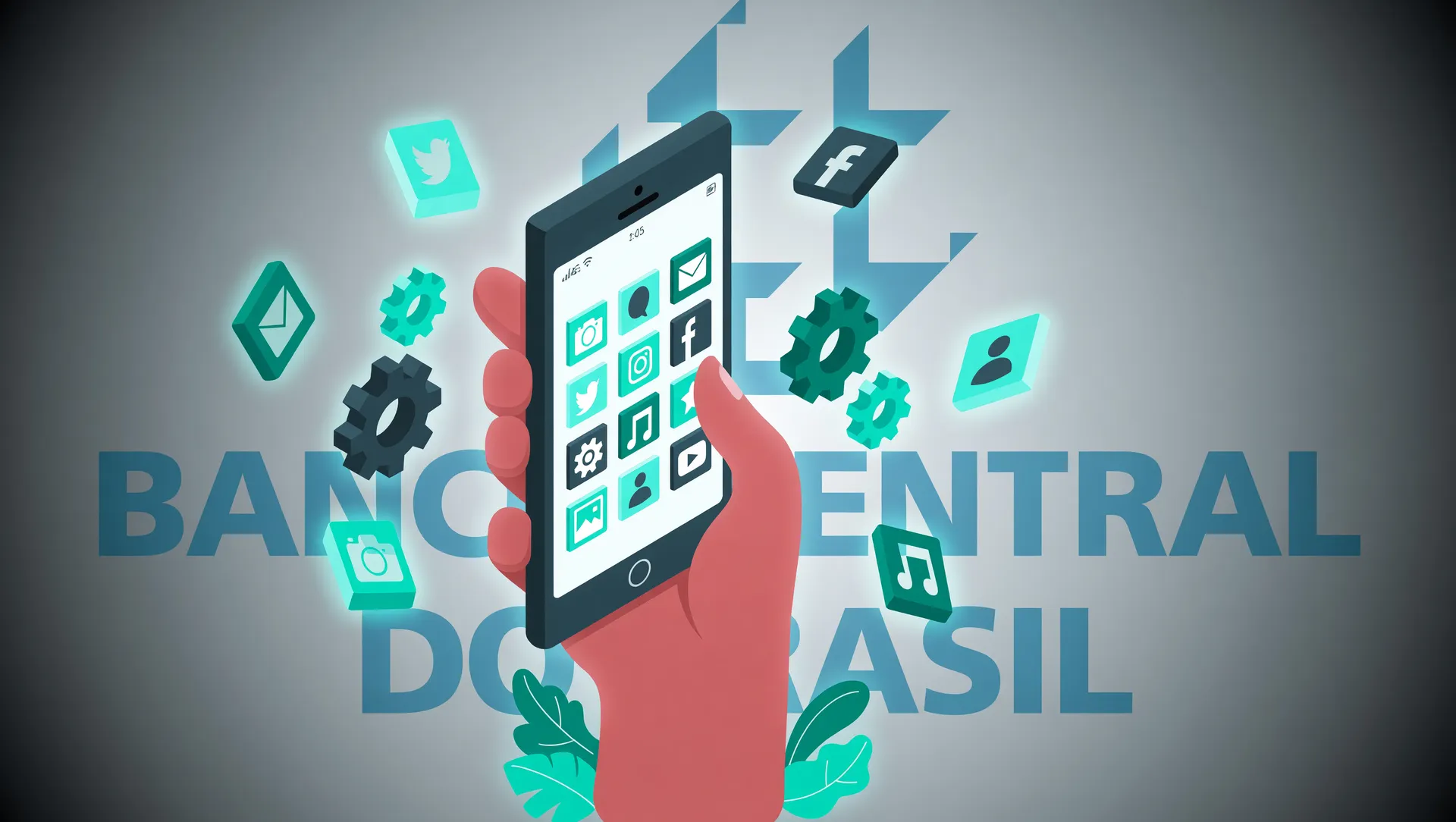 Mão segurando smartphone com ícones de aplicativos em destaque, simbolizando compras por impulso e endividamento crescente