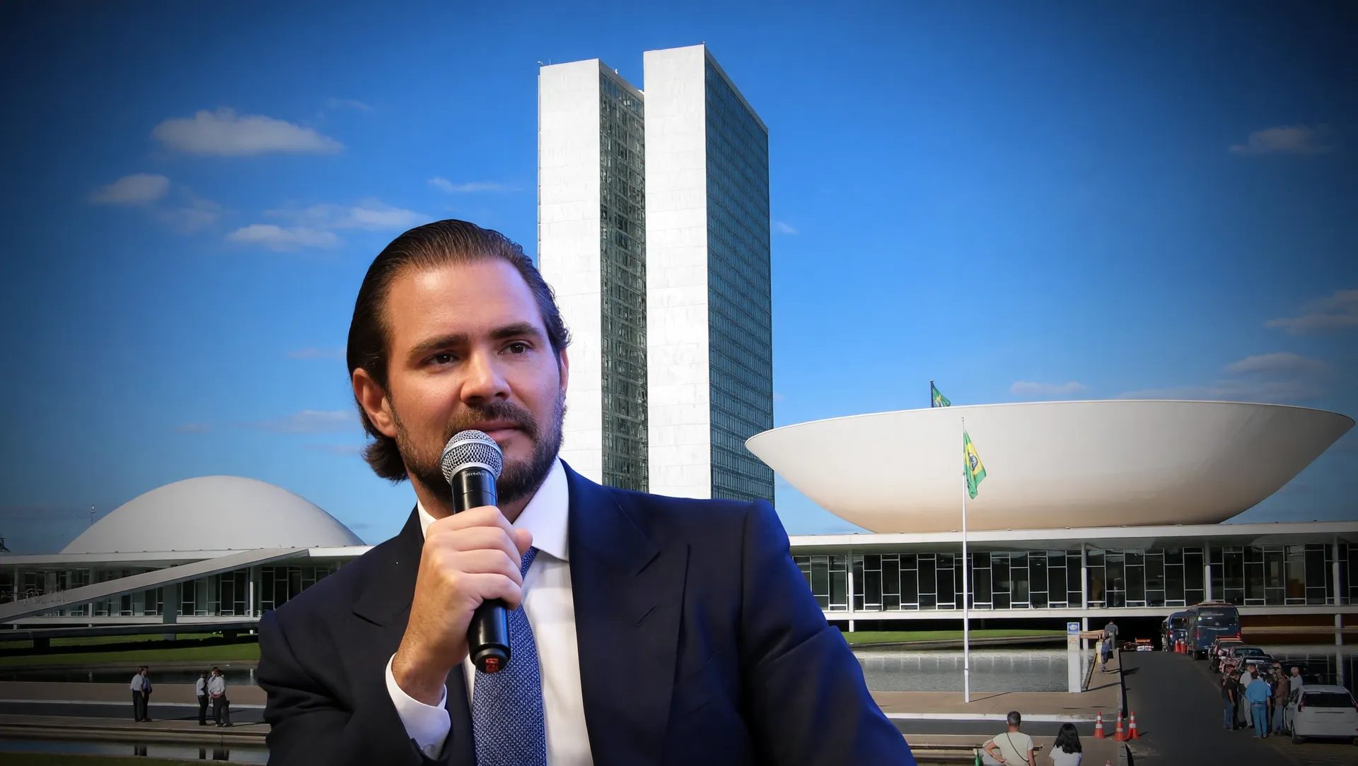 Congresso Nacional ao fundo; Daniel Vorcaro em destaque; CPI do Master travada no Congresso durante eleições