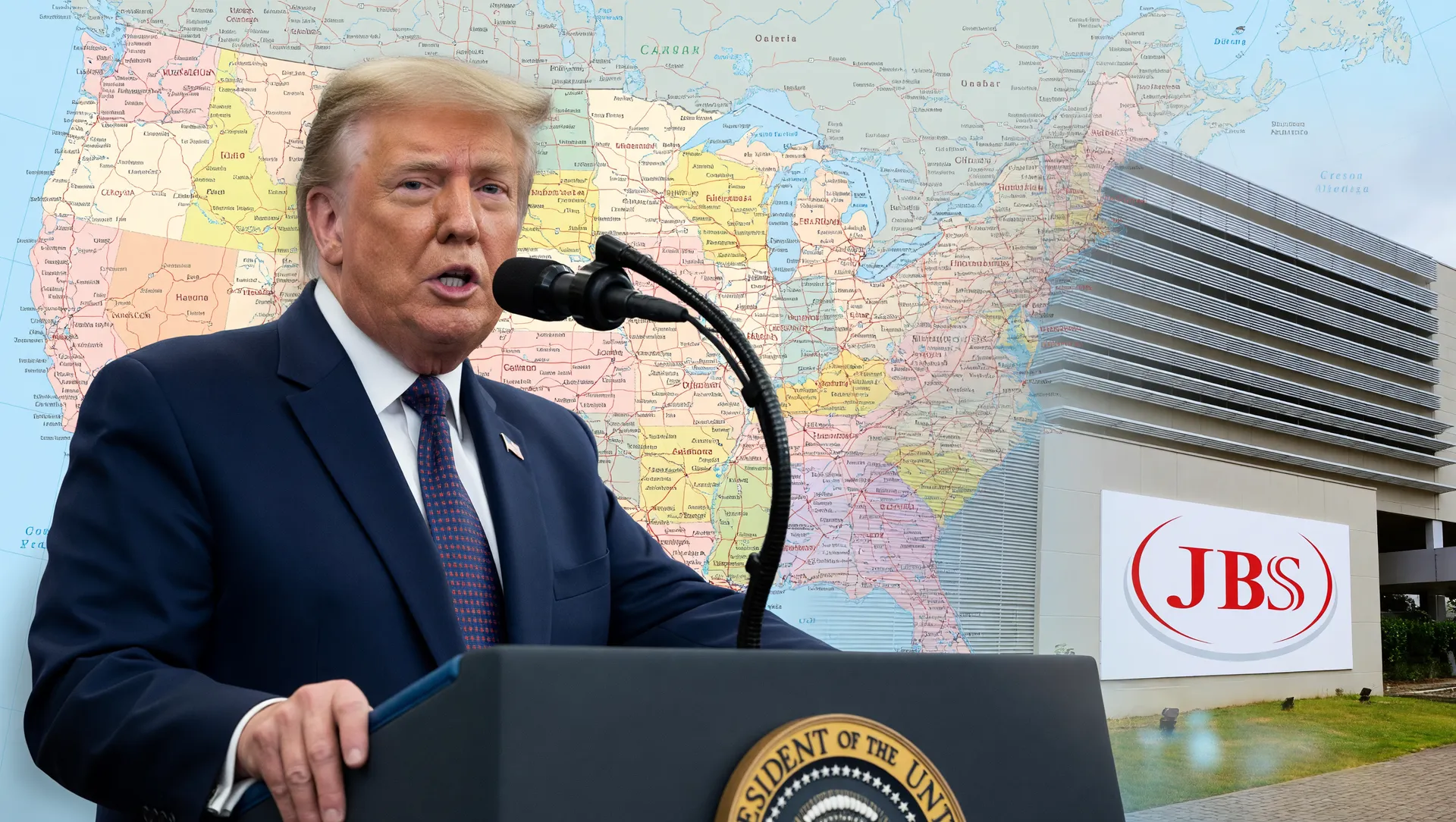 Decreto Trump importação carne bovina: presidente entre mapa dos EUA e unidade fabril JBS