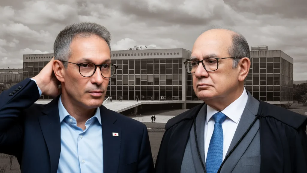 Romeu Zema e Gilmar Mendes com STJ ao fundo na denúncia por calúnia Romeu Zema STJ