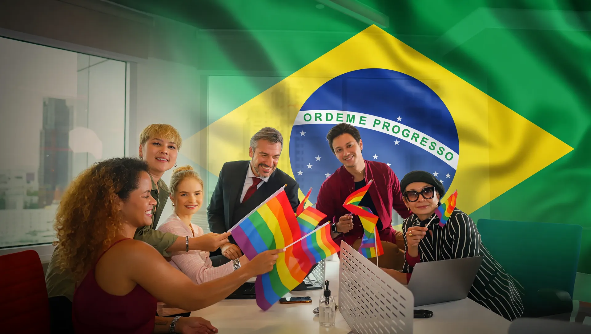 Trabalhadores LGBTQIA+ em ambiente corporativo com bandeiras arco-íris, desemprego e informalidade LGBTQIA+ Brasil