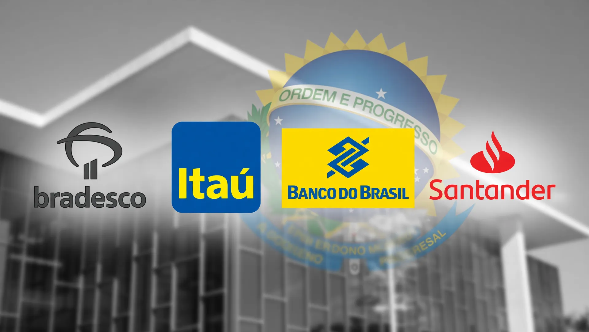 Logos de bancos brasileiros sob símbolo do Governo Federal, ilustrando dinheiro esquecido bancos Desenrola 2.0