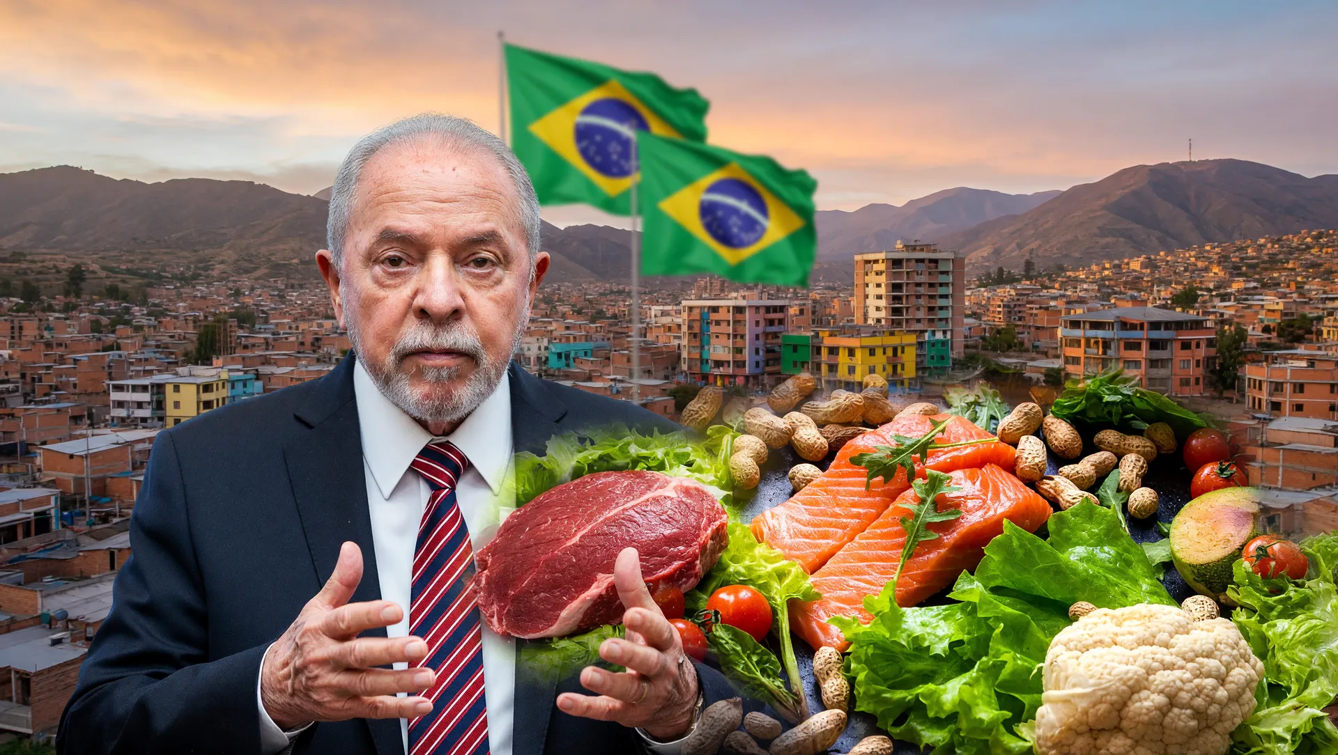 Lula em retrato presidencial com La Paz ao fundo e alimentos, representando a doação humanitária Brasil Bolívia crise
