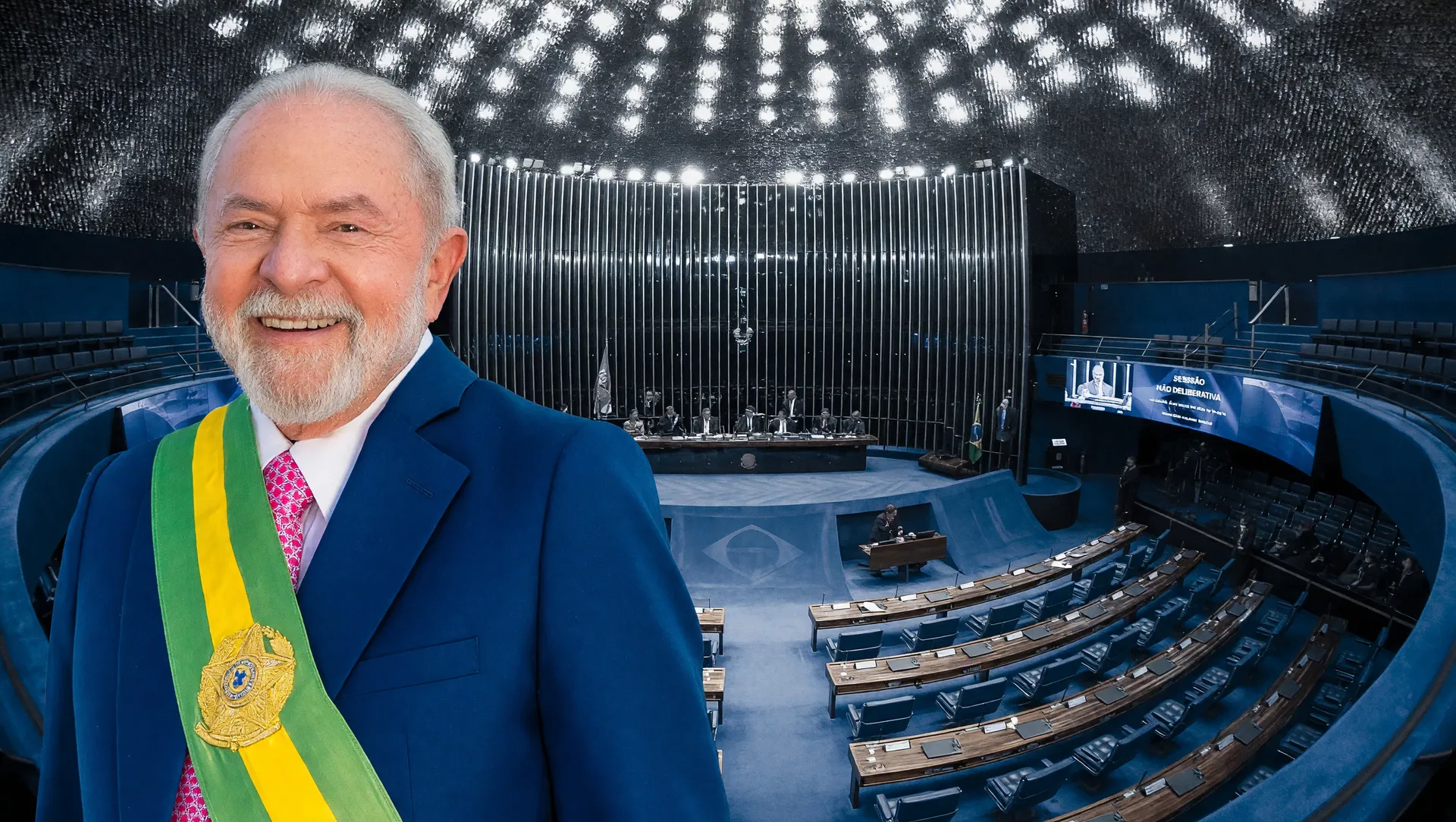 Lula em retrato oficial com câmara do Senado ao fundo representando a promulgação de doações eleitorais LDO 2026