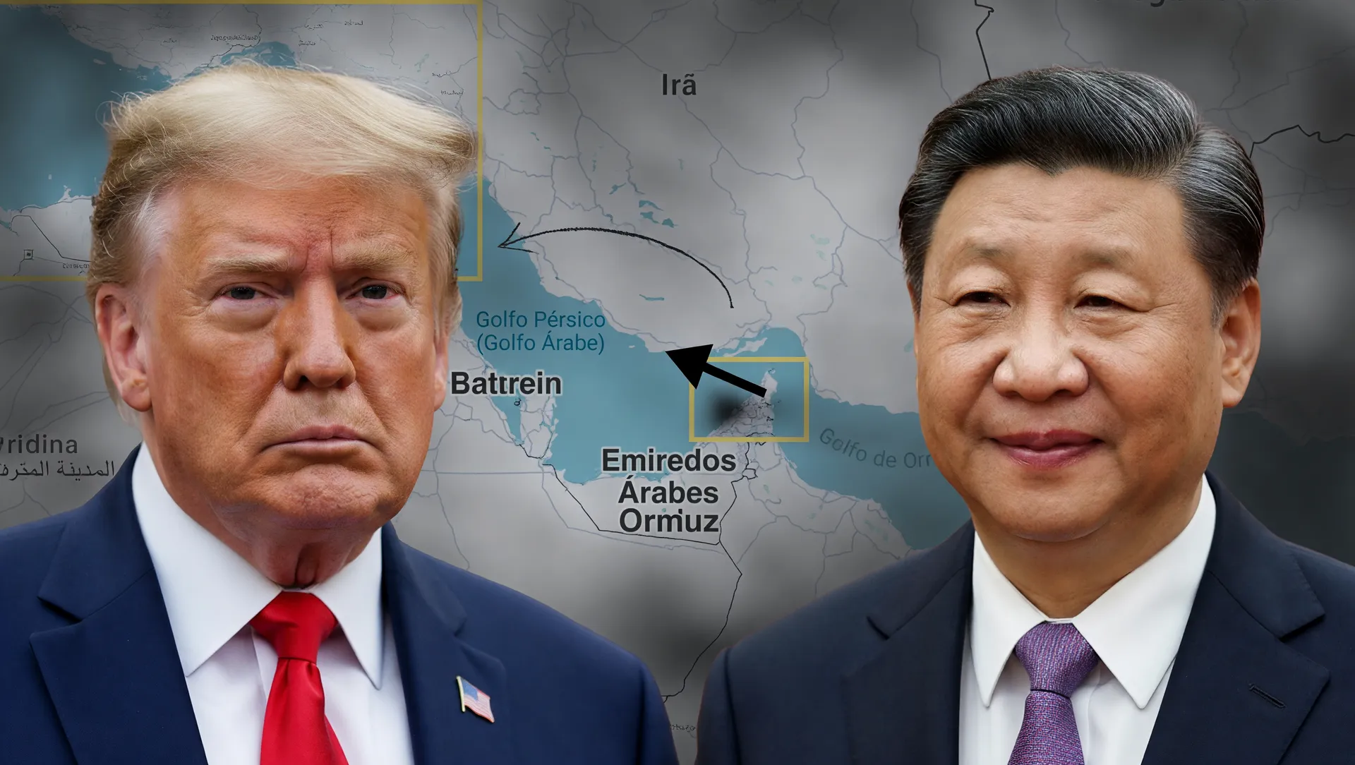 Encontro Trump e Xi Jinping com mapa do Estreito de Ormuz em destaque, mostrando impacto no dólar hoje