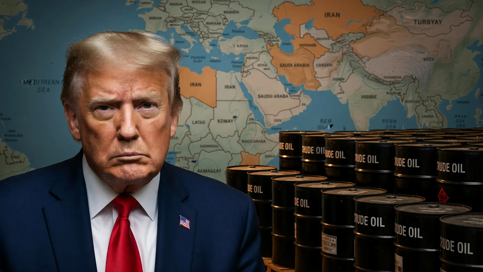 Trump, mapa do Oriente Médio e barris de petróleo refletem dólar queda acordo EUA Irã