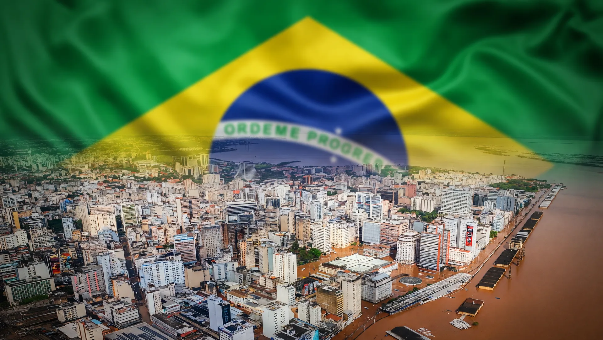 Enchente em Rio Grande do Sul e bandeira Brasil simbolizando risco de El Niño forte 2026