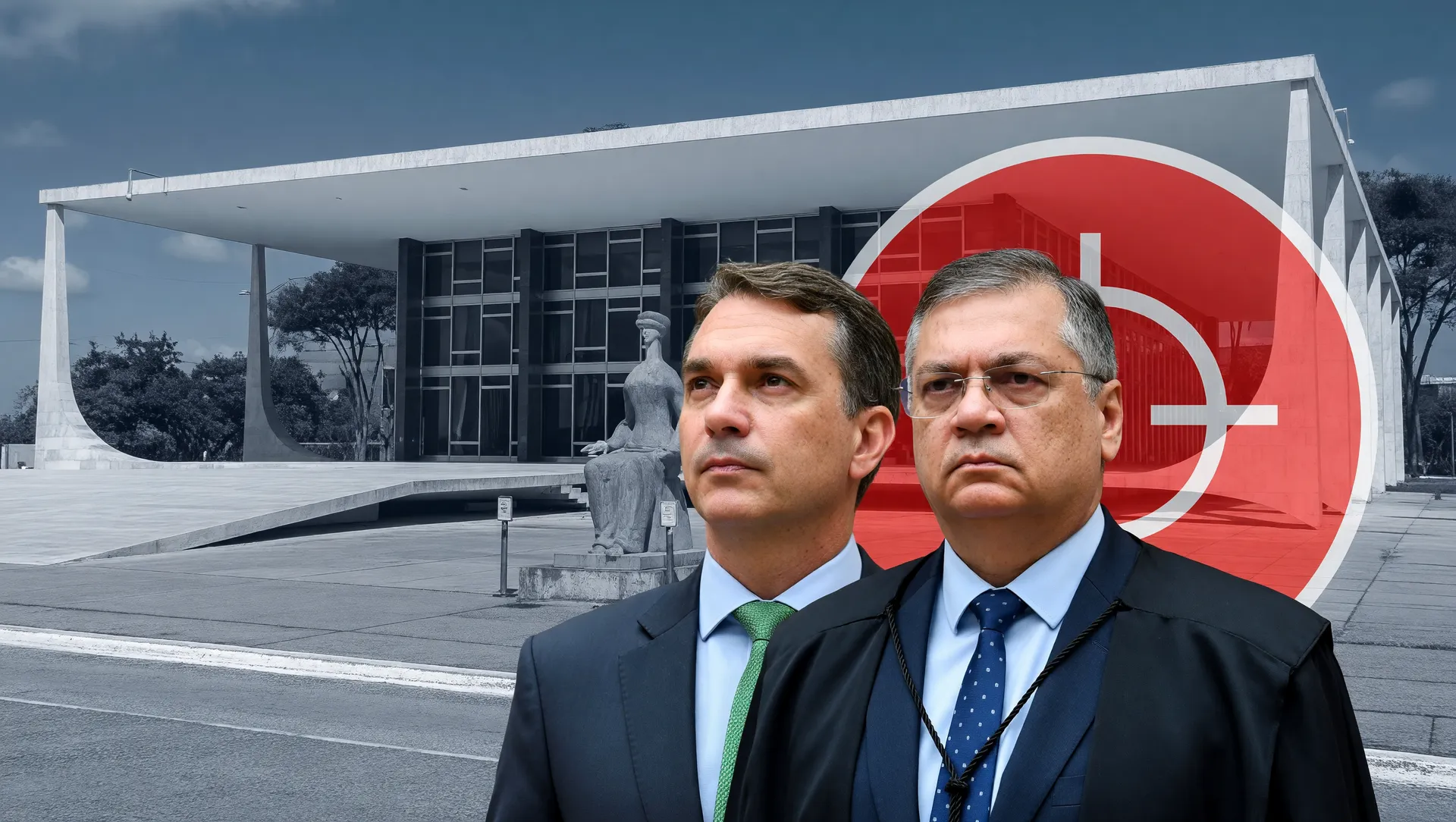 Colagem editorial do STF com Flávio Dino e Flávio Bolsonaro sobre investigação de emendas parlamentares ONGs Dark Horse