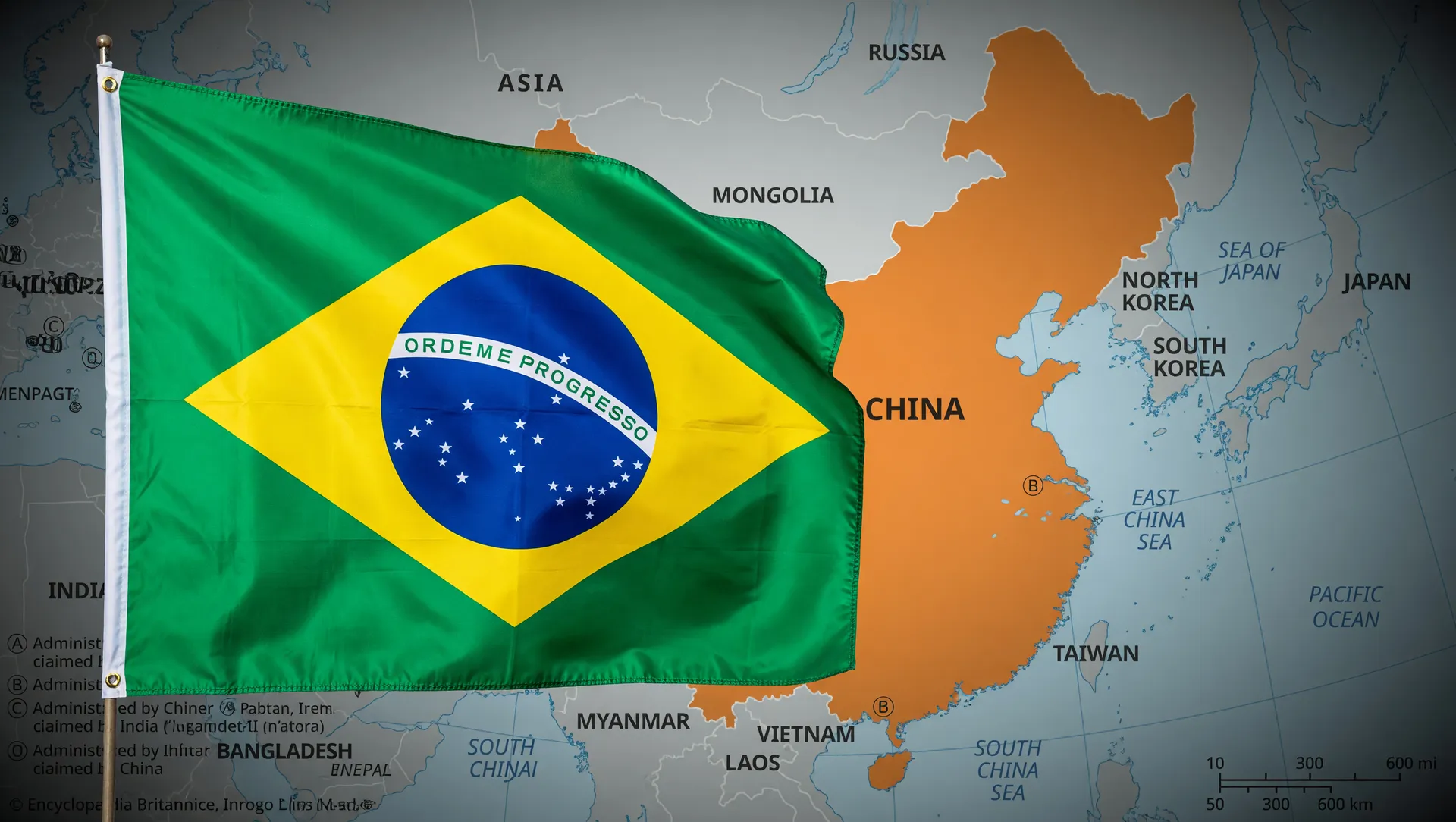 Símbolos Brasil e China em composição editorial sobre exportação carne bovina China tarifa