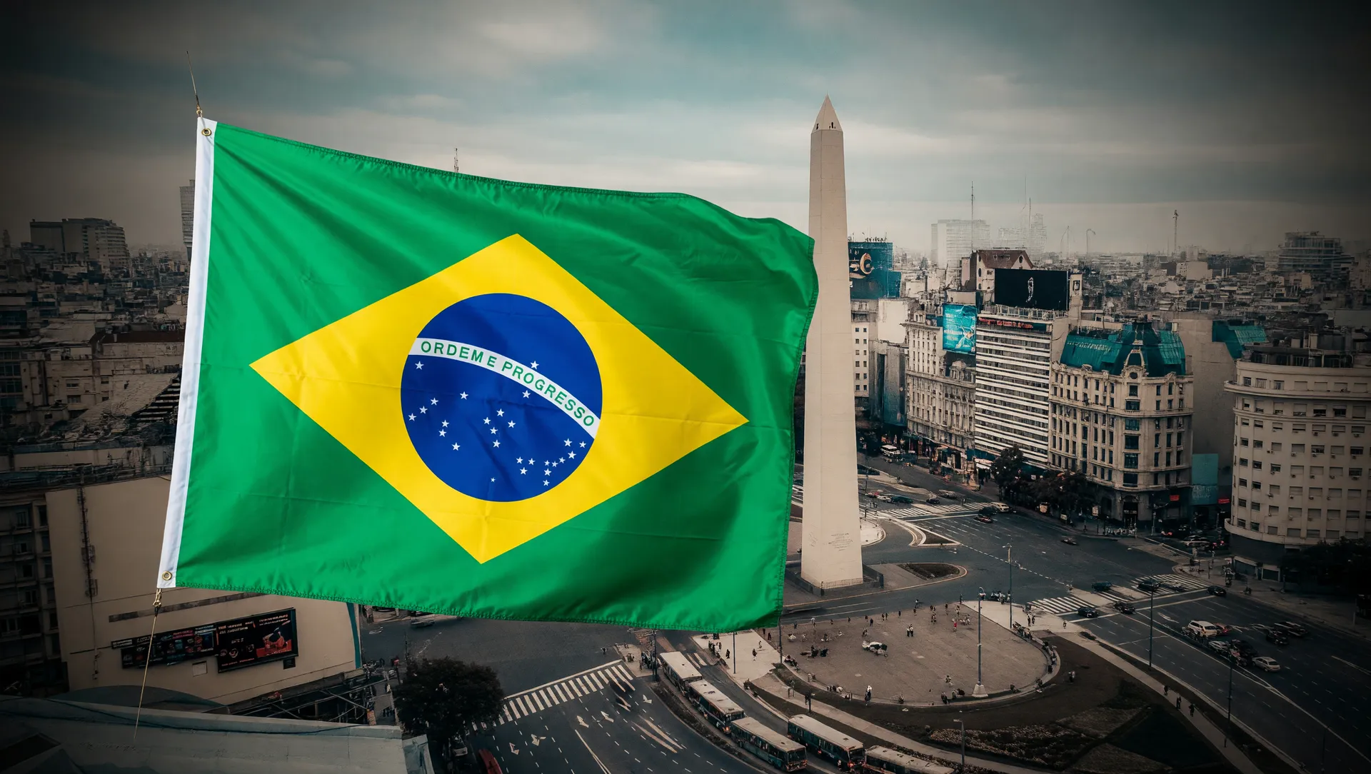 Bandeira brasileira e Obelisco de Buenos Aires simbolizam queda nas exportações de veículos brasileiros para argentina