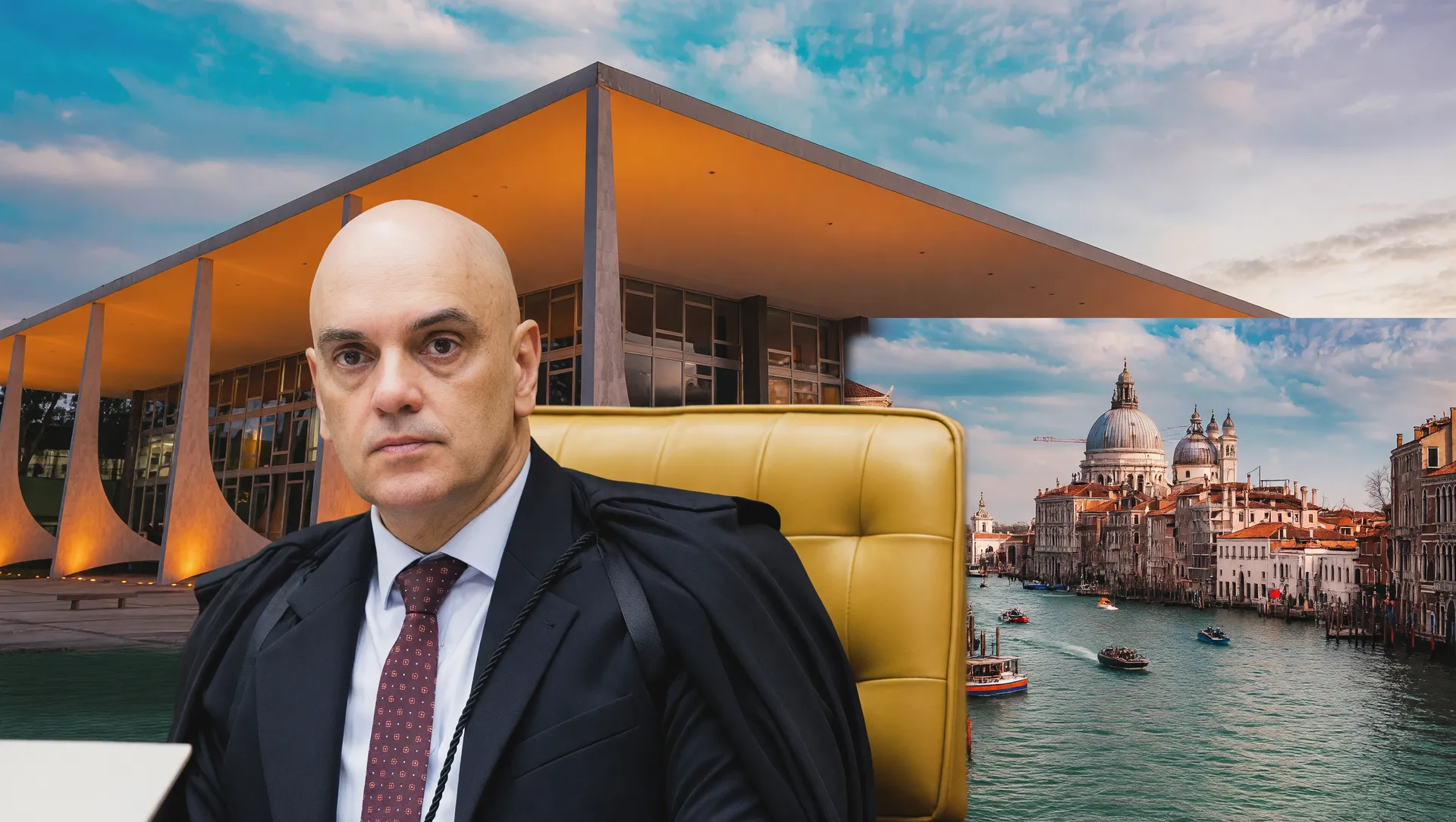 Moraes no STF com a Itália ao fundo, simbolizando a extradição de Carla Zambelli da Itália