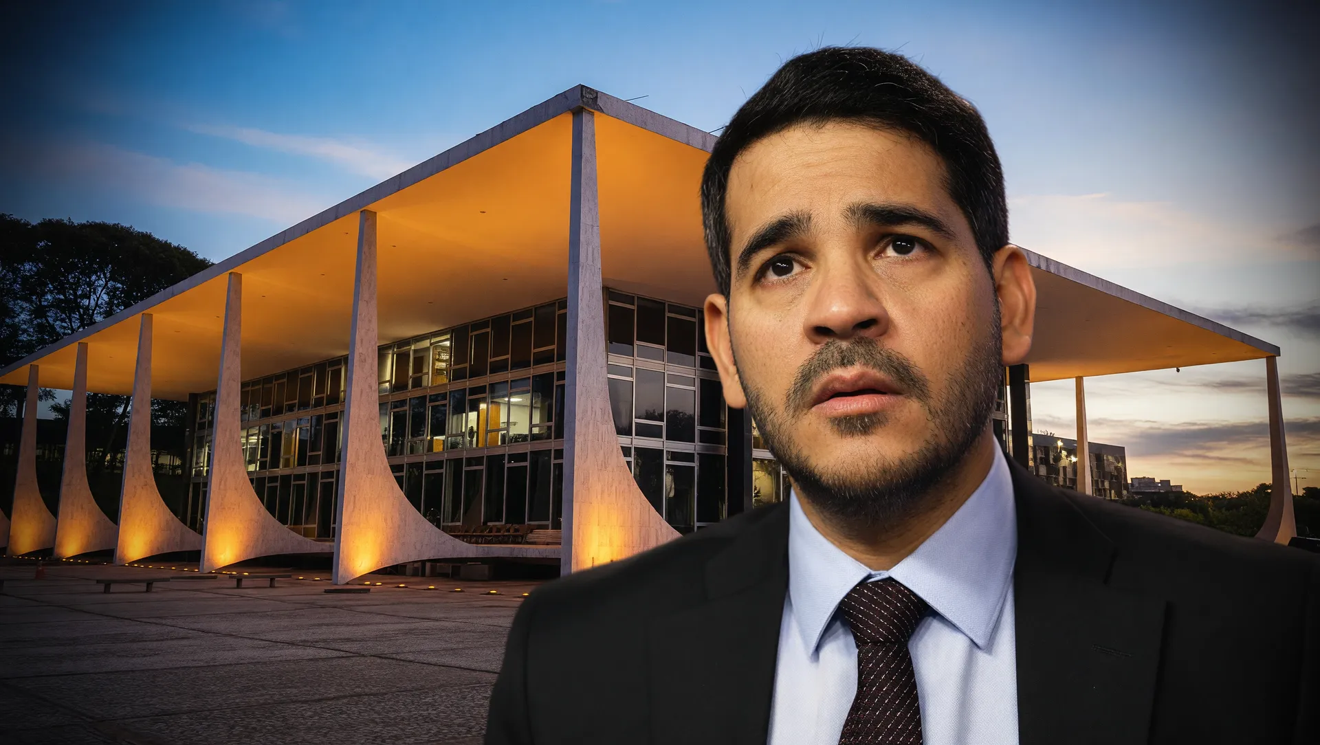 Retrato ilustrando a falha do PT na indicação Messias ao STF com a instituição ao fundo