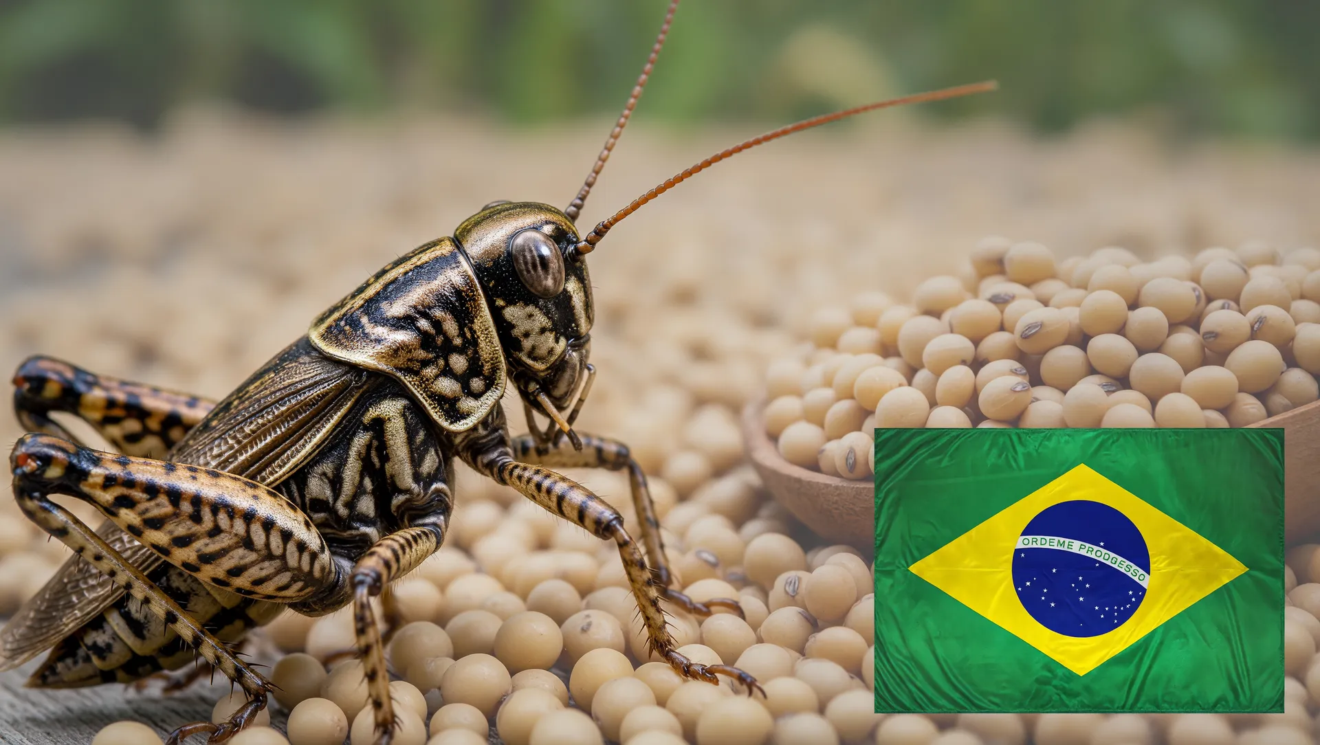 Grilo macro com campo de soja ao fundo e bandeira do Brasil. Inovação de farinha de grilo proteína.