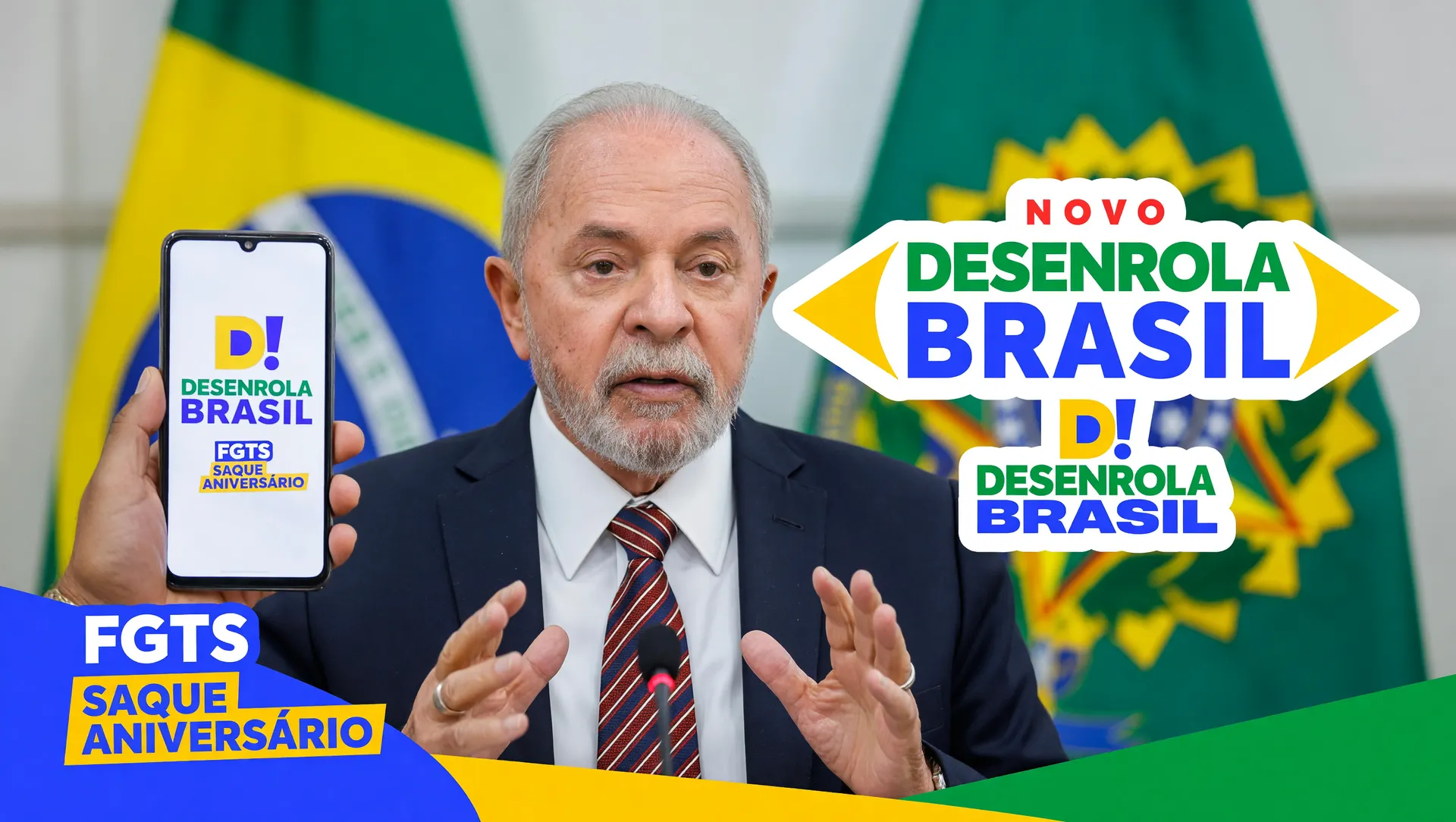 Colagem editorial mostrando liberação de FGTS saque aniversário e programa Desenrola 2.0