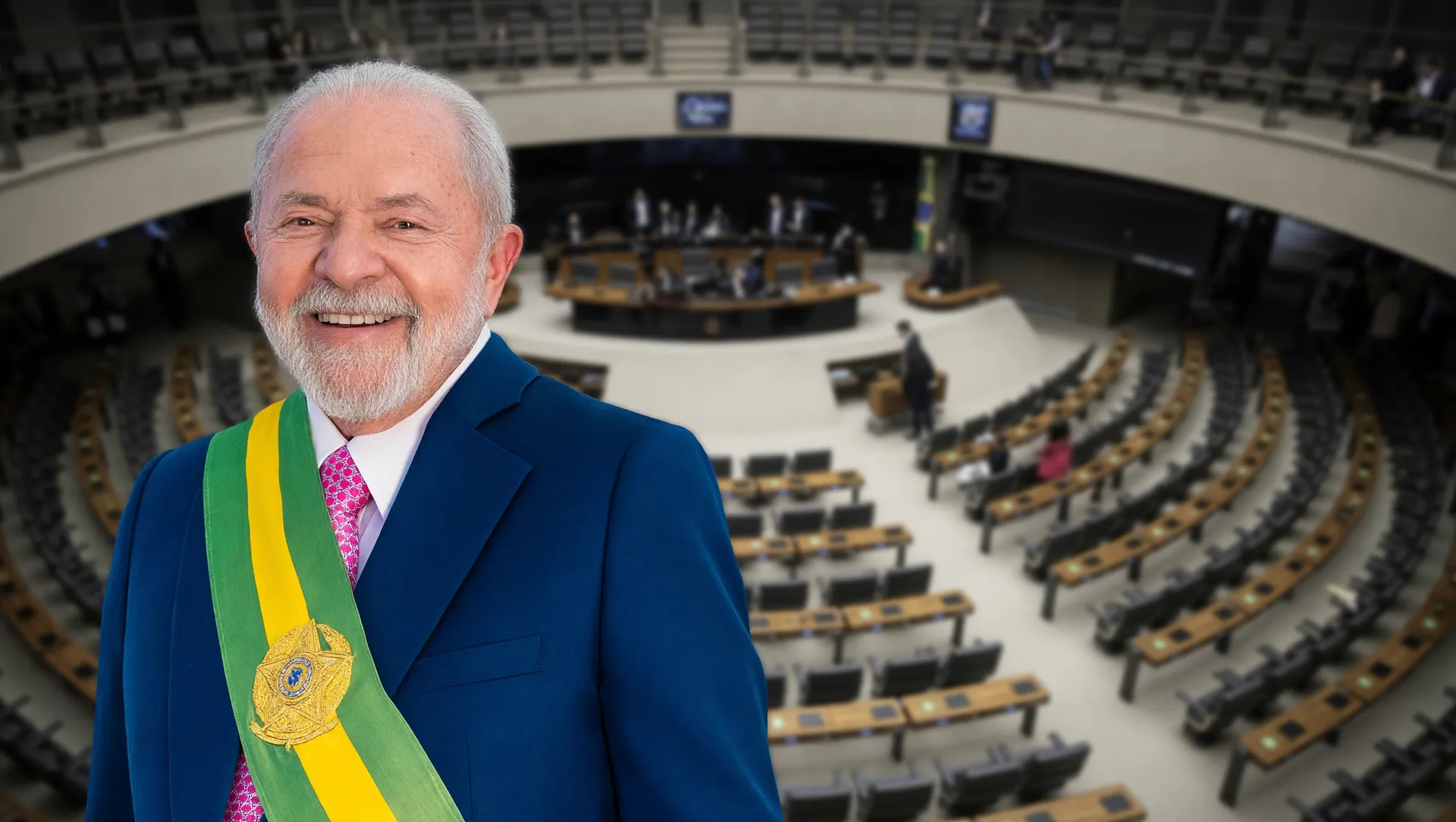 Retrato de Lula com Câmara dos Deputados ao fundo representando a votação sobre o fim da escala 6x1 no Brasil