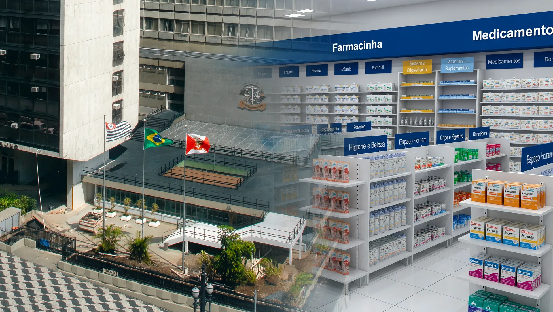 Auditoria institucional: fachada do TCE-SP e prateleiras de medicamentos em farmácia municipal sob fiscalização