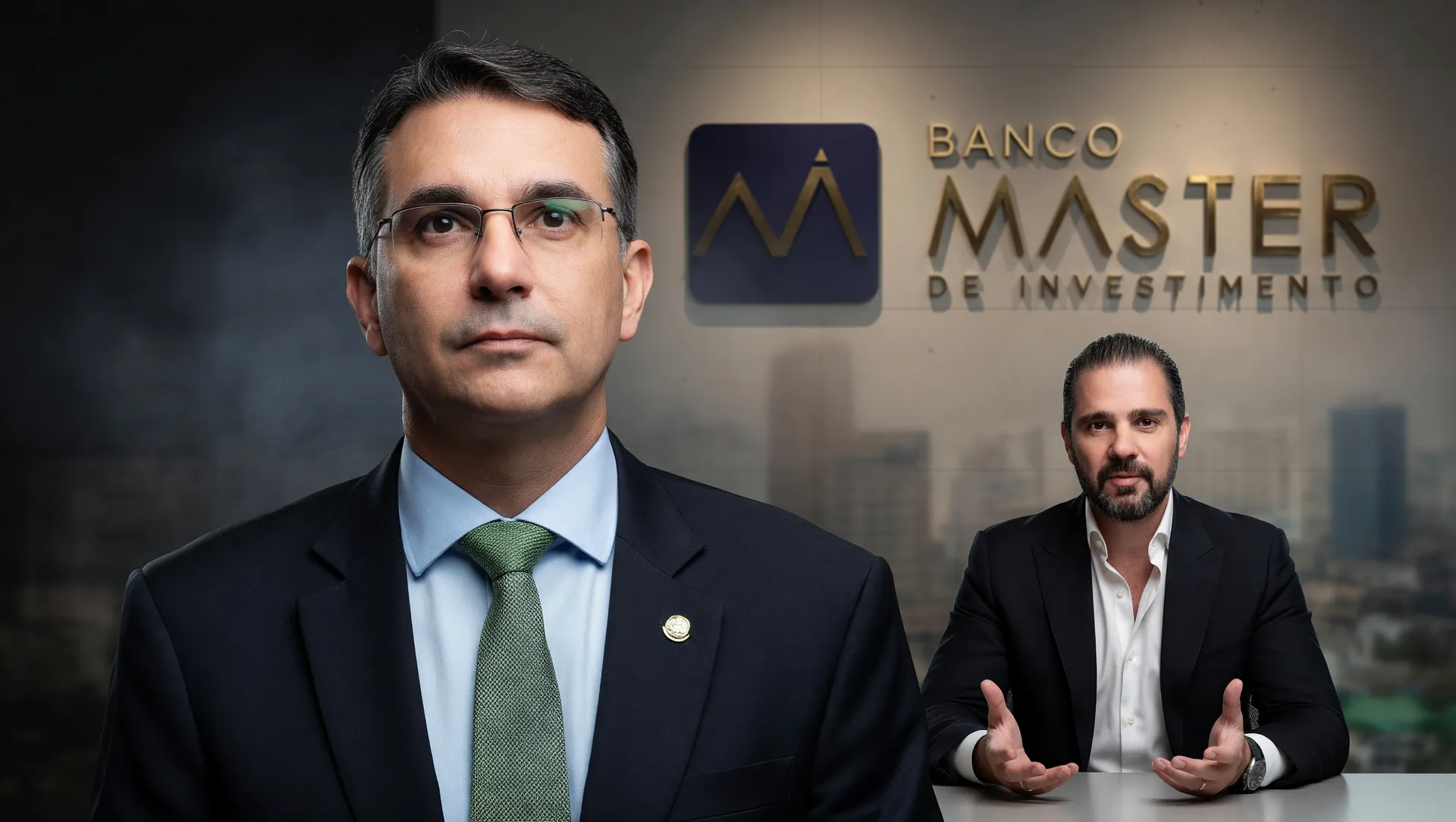 Colagem editorial mostrando Flávio Bolsonaro, Daniel Vorcaro e Banco Master em transação de financiamento de filme