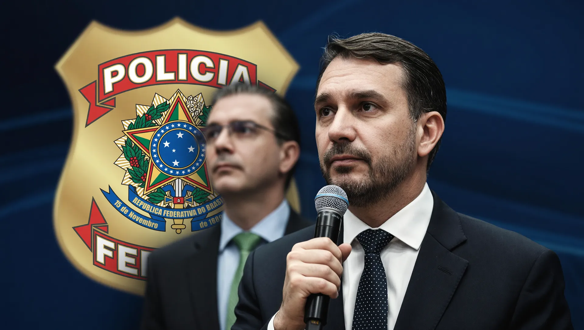 Colagem editorial: Flávio Bolsonaro, Daniel Vorcaro e Polícia Federal em contexto de investigação de filme financiamento