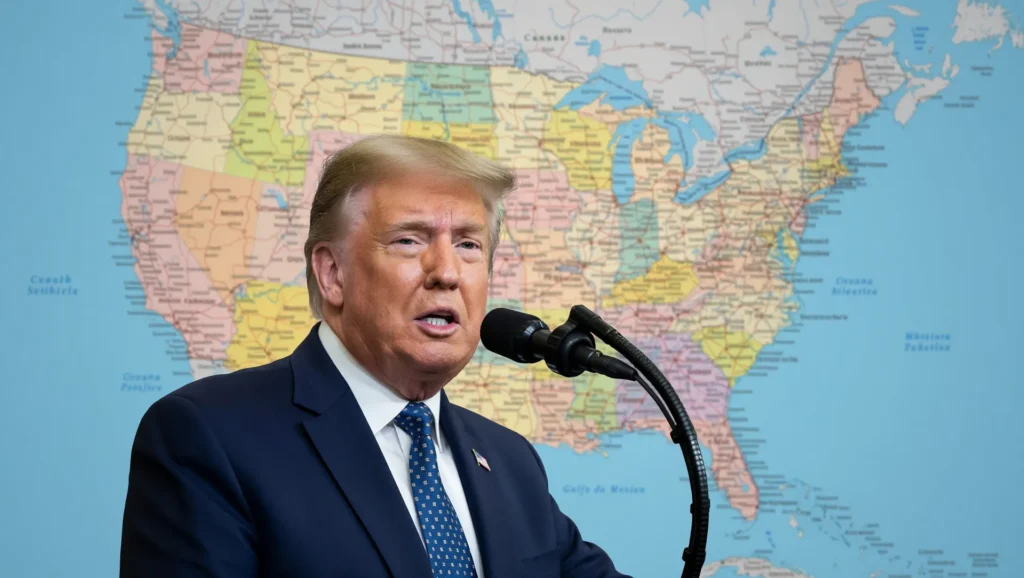 Imagem editorial com Donald Trump e mapa dos EUA, ilustrando a política de green card fora dos Estados Unidos