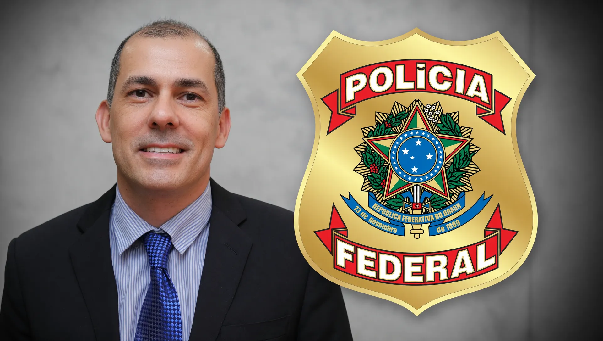 Retrato do líder do grupo hacker Os Meninos e brasão da Polícia Federal na Operação Compliance Zero