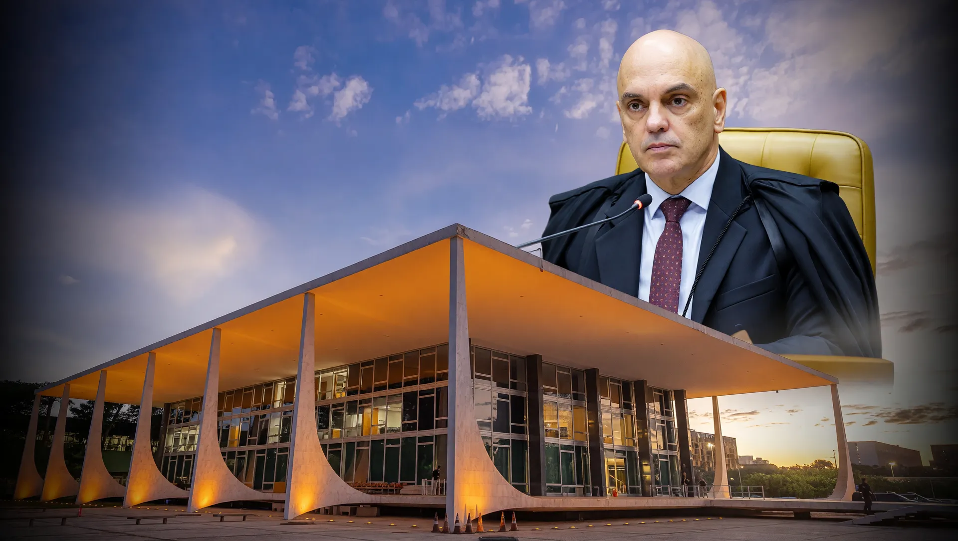 STF ao entardecer com Alexandre de Moraes, simbolizando regime aberto autorizado para o hacker Delgatti.