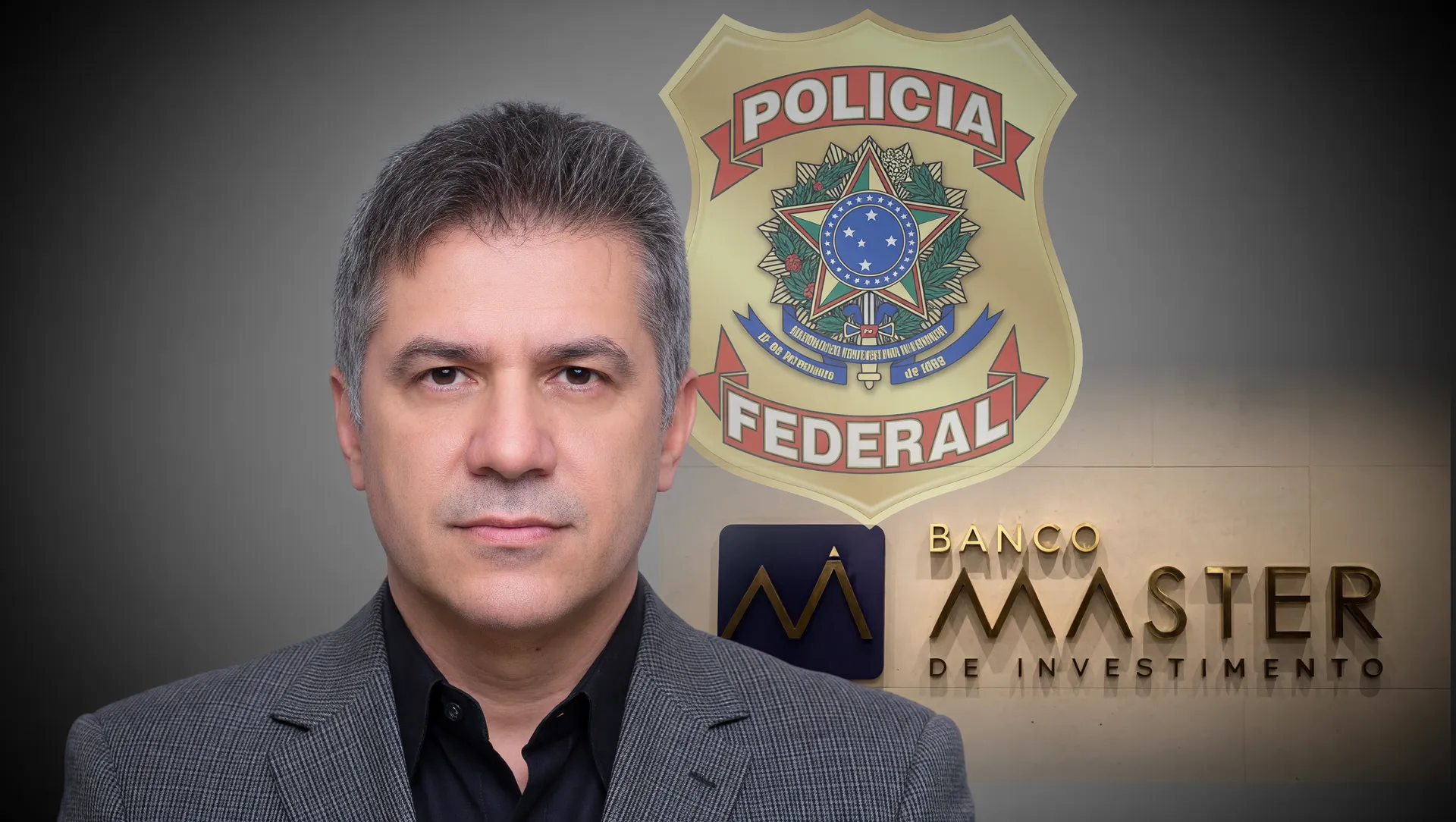 Retrato de Henrique Vorcaro preso Compliance Zero com símbolos da Polícia Federal e Banco Master