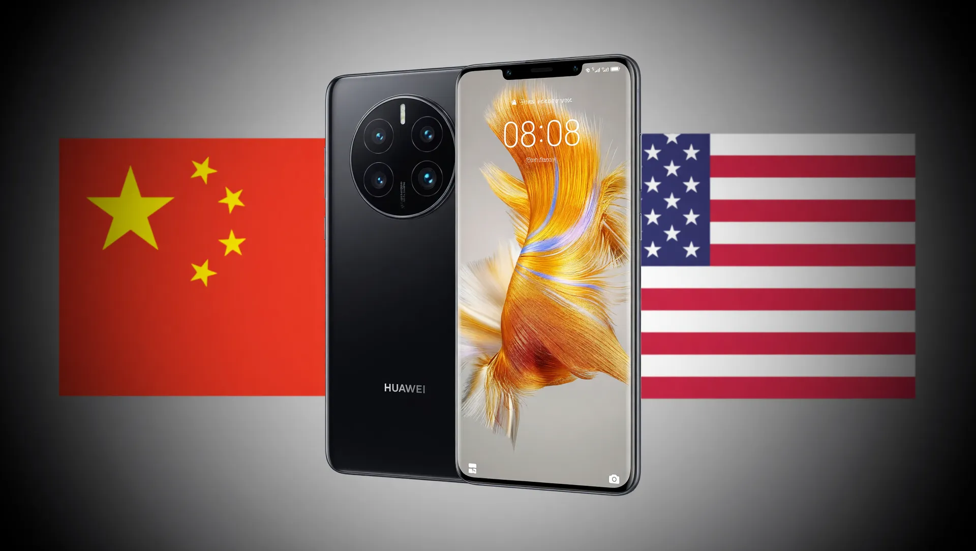 Smartphone Huawei com bandeiras da China e EUA, representando a batalha por chips 1,4 nanômetro sob sanções