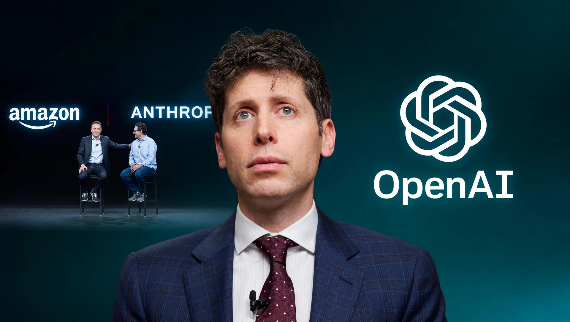 Sam Altman com logos de OpenAI e Anthropic, editorial sobre IA e desemprego em massa