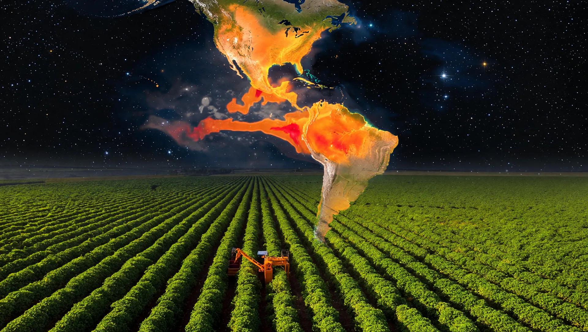 Plantação de soja com mapa térmico do El Niño ilustrando o impacto El Niño agronegócio brasileiro