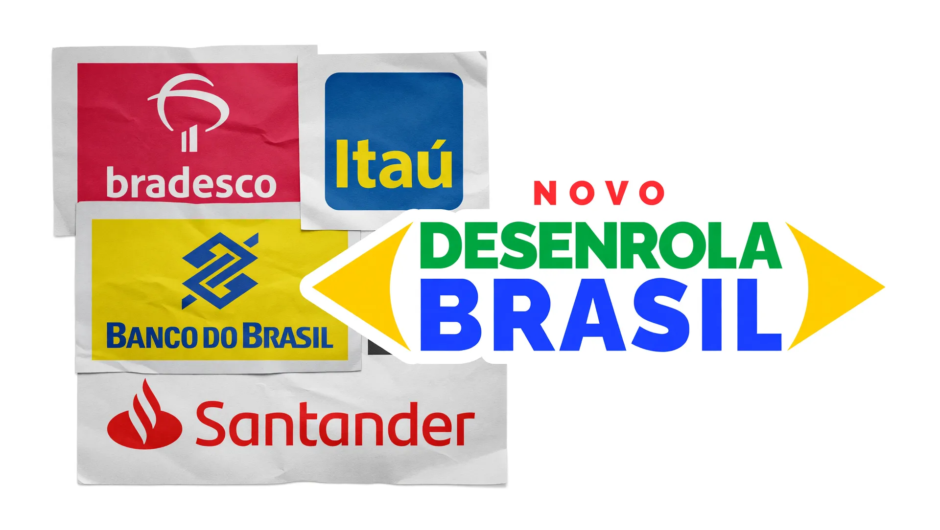 Logos bancários em confronto com logo Desenrola Brasil, simbolizando inadimplência bancária recorde histórico