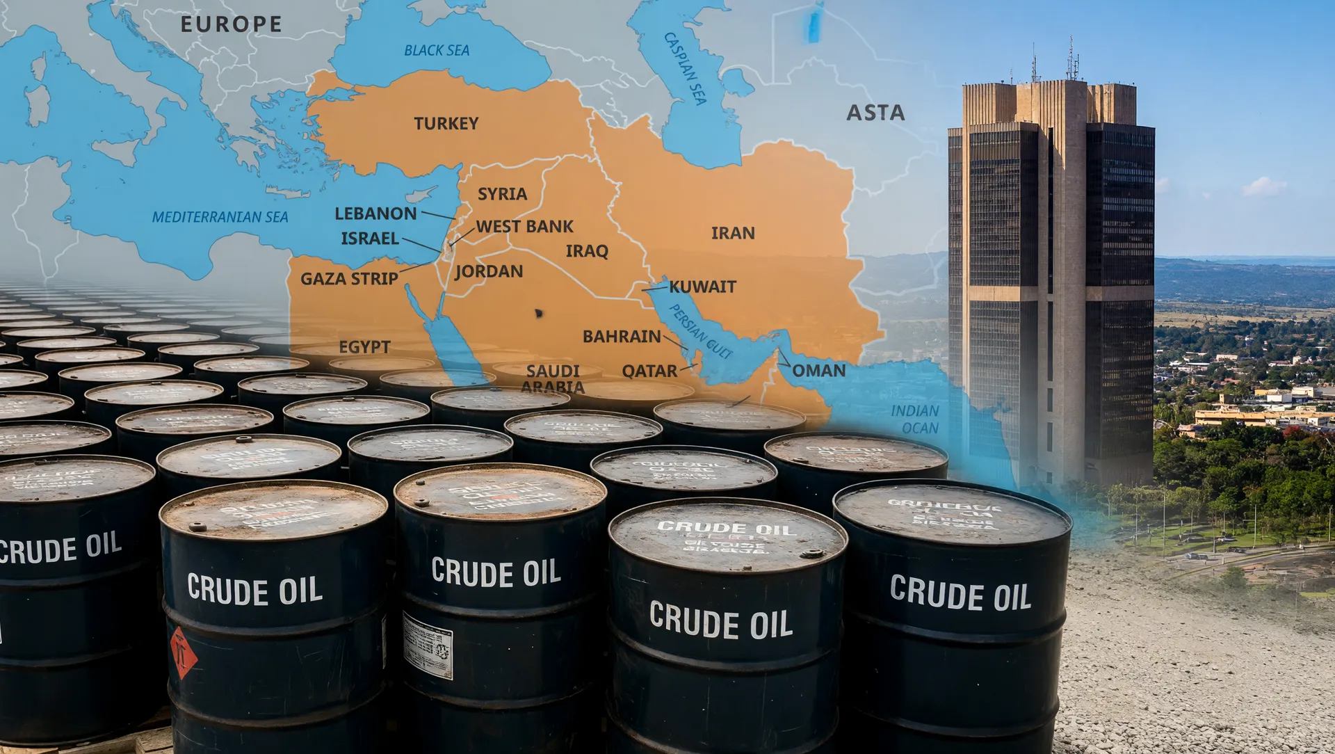 Barris de petróleo, mapa do Oriente Médio e sede do Banco Central representando inflação acima de 5% em 2026