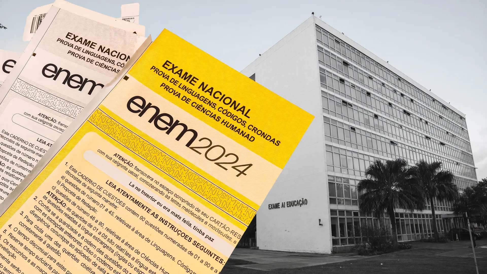 Folhas de prova do Enem e edifício do MEC simbolizando a inscrição automática para rede pública