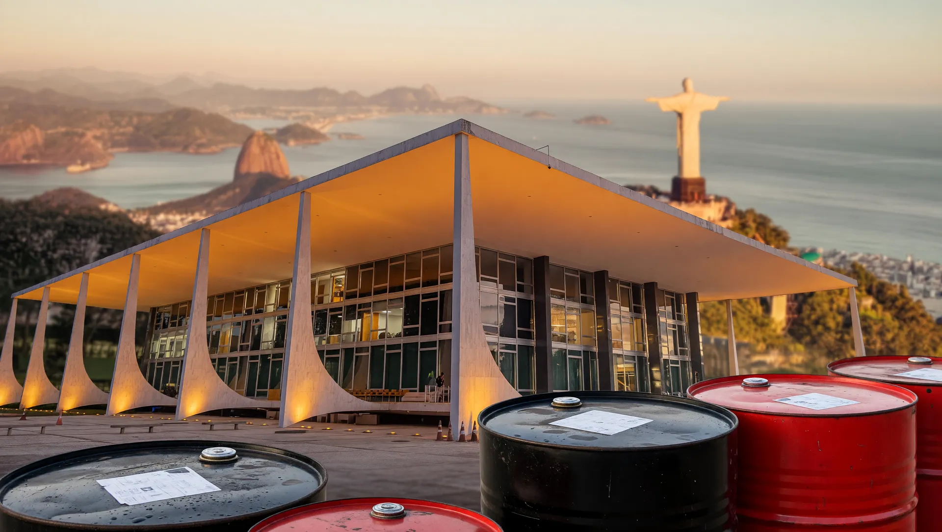 STF com barris de petróleo: visual do julgamento royalties petróleo STF