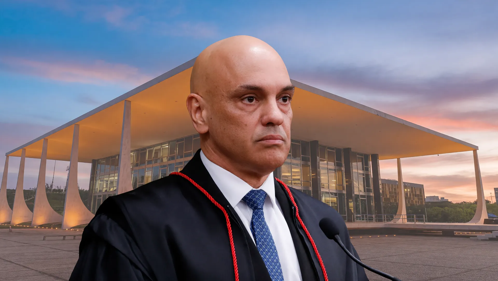 Lei da Dosimetria questionada no STF: ministro em vestes judiciárias frente ao edifício do Supremo