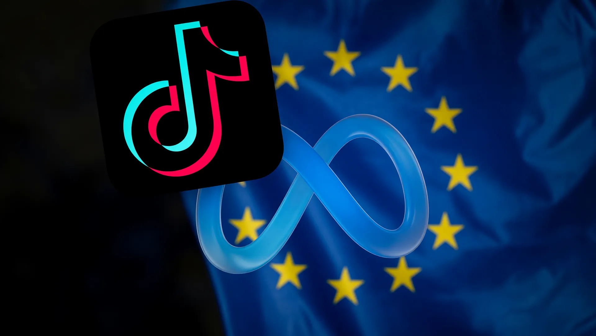 Editorial mostrando logos TikTok, Meta e bandeira UE representando a lei proteção crianças redes sociais