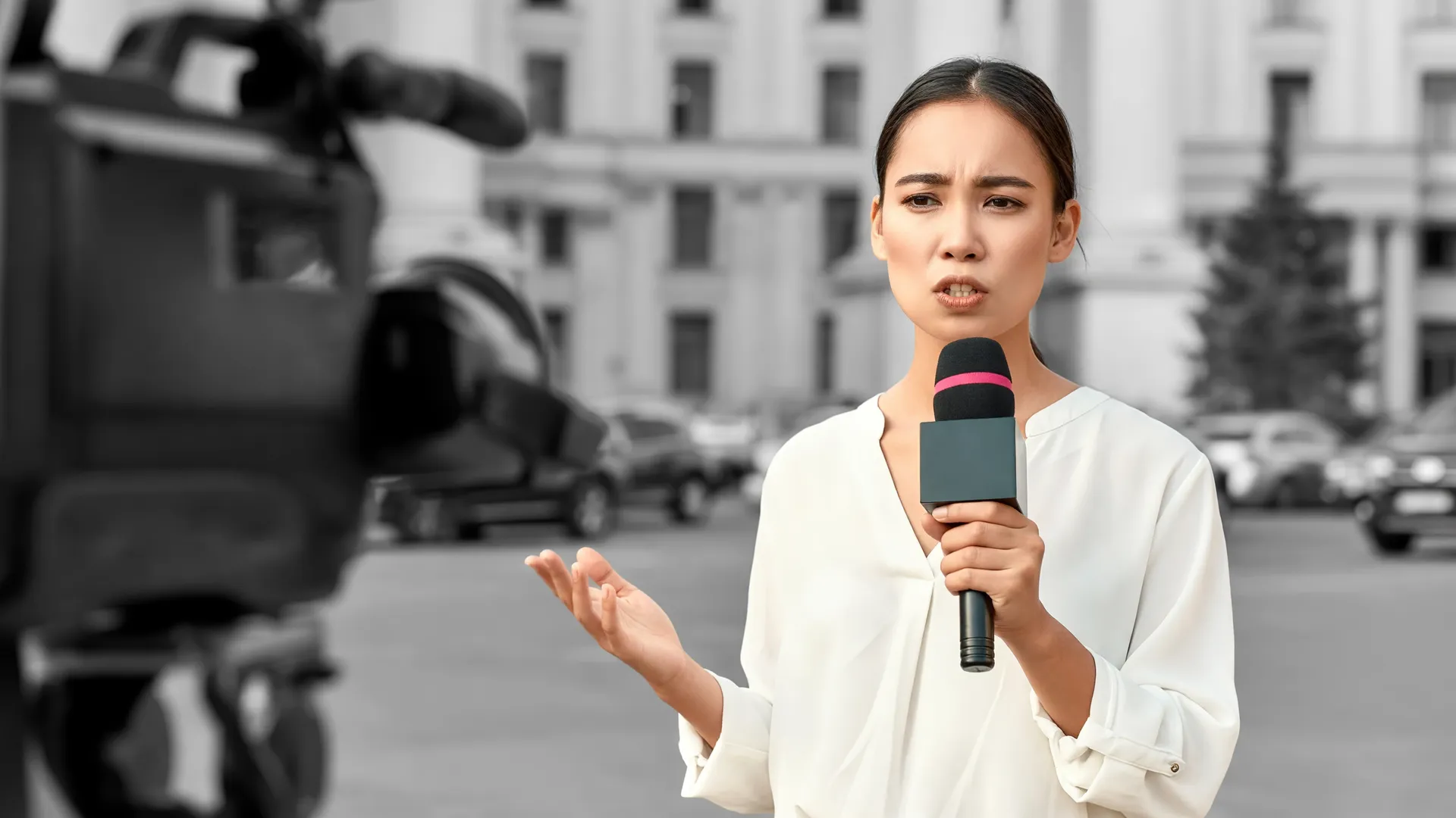 Jornalista em transmissão ao vivo defendendo a liberdade de imprensa e proteção de jornalistas