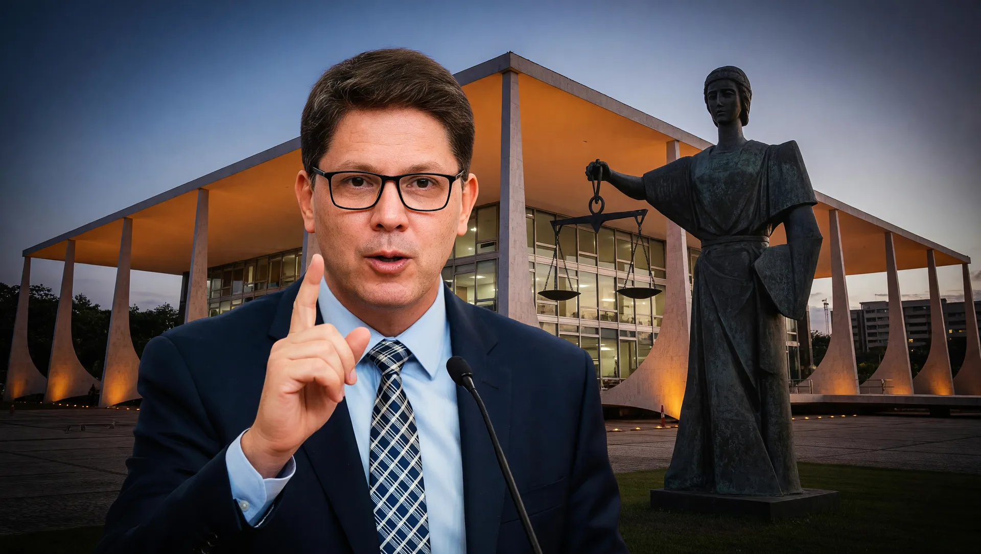 Mario Frias sobre emendas parlamentares Dark Horse, com edifício do STF ao fundo simbolizando a investigação