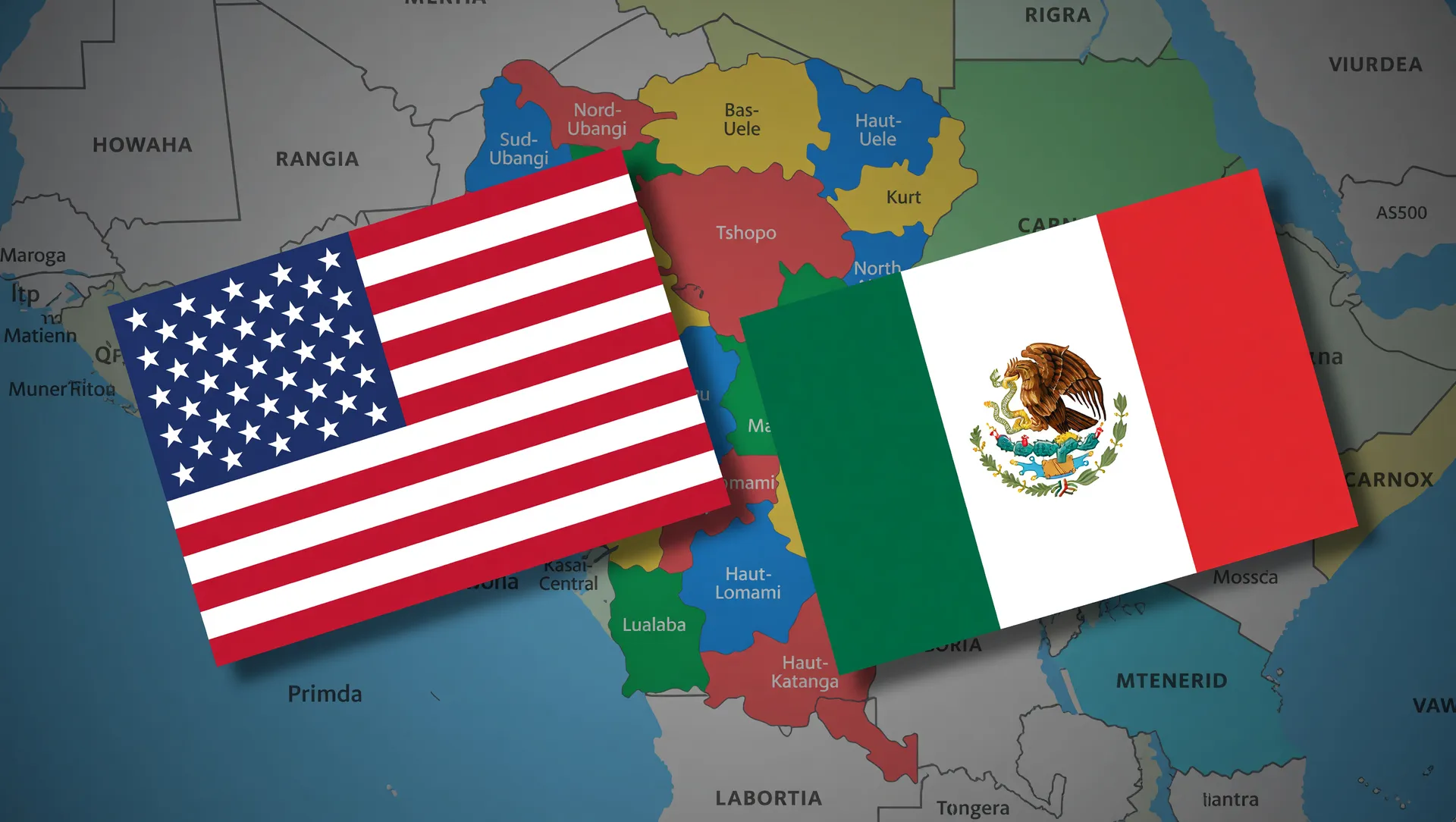 Bandeiras EUA e México com mapa do Congo em composição editorial sobre medidas de viagem ebola Copa do Mundo