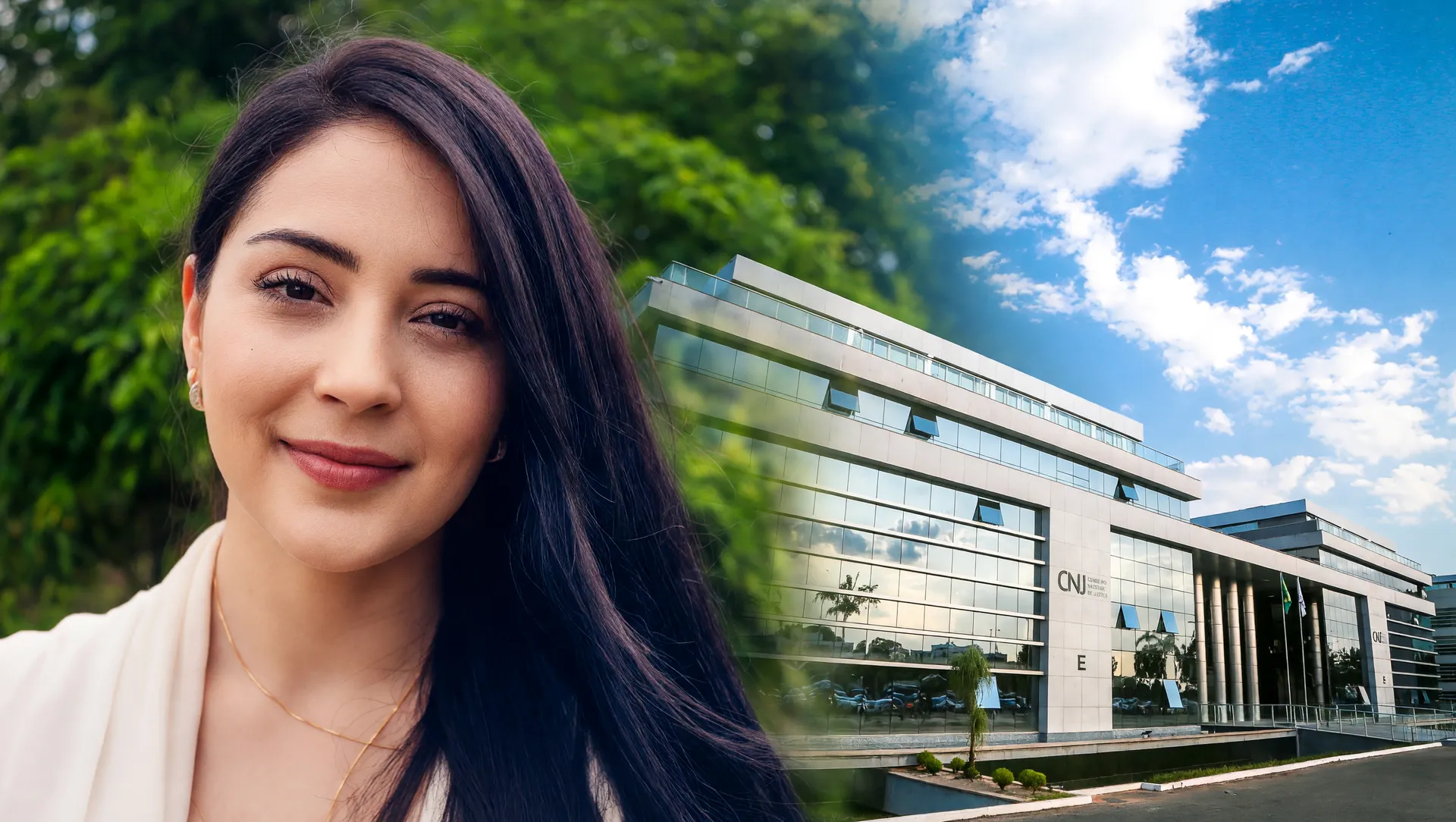 Mulher serena com sede do CNJ ao fundo, representando as medidas protetivas para mulheres recorde