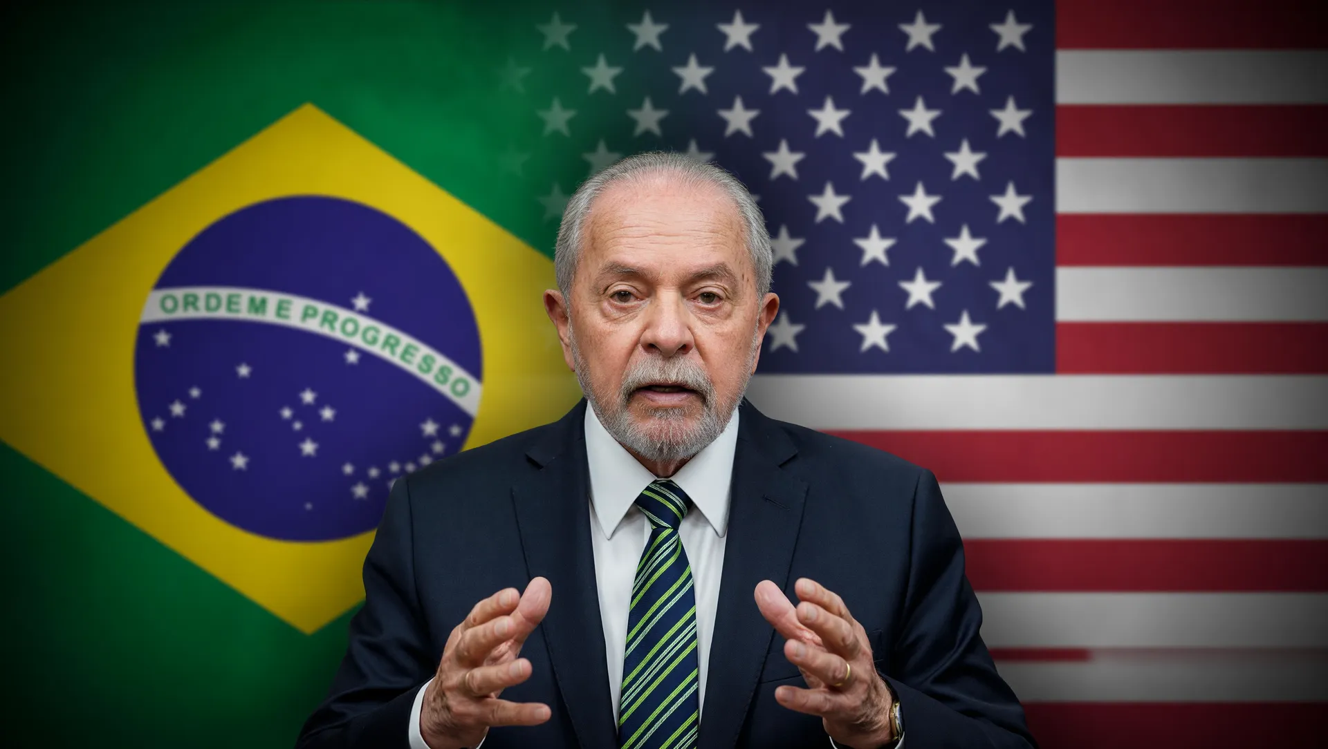 Retrato de Lula com bandeiras do Brasil e EUA na moratória OMC comércio eletrônico Brasil