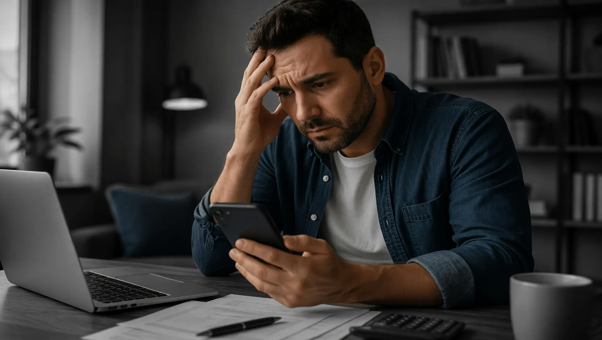 Investidor preocupado com smartphone ilustrando crise da Naskar fintech investigada por fraude com investidores