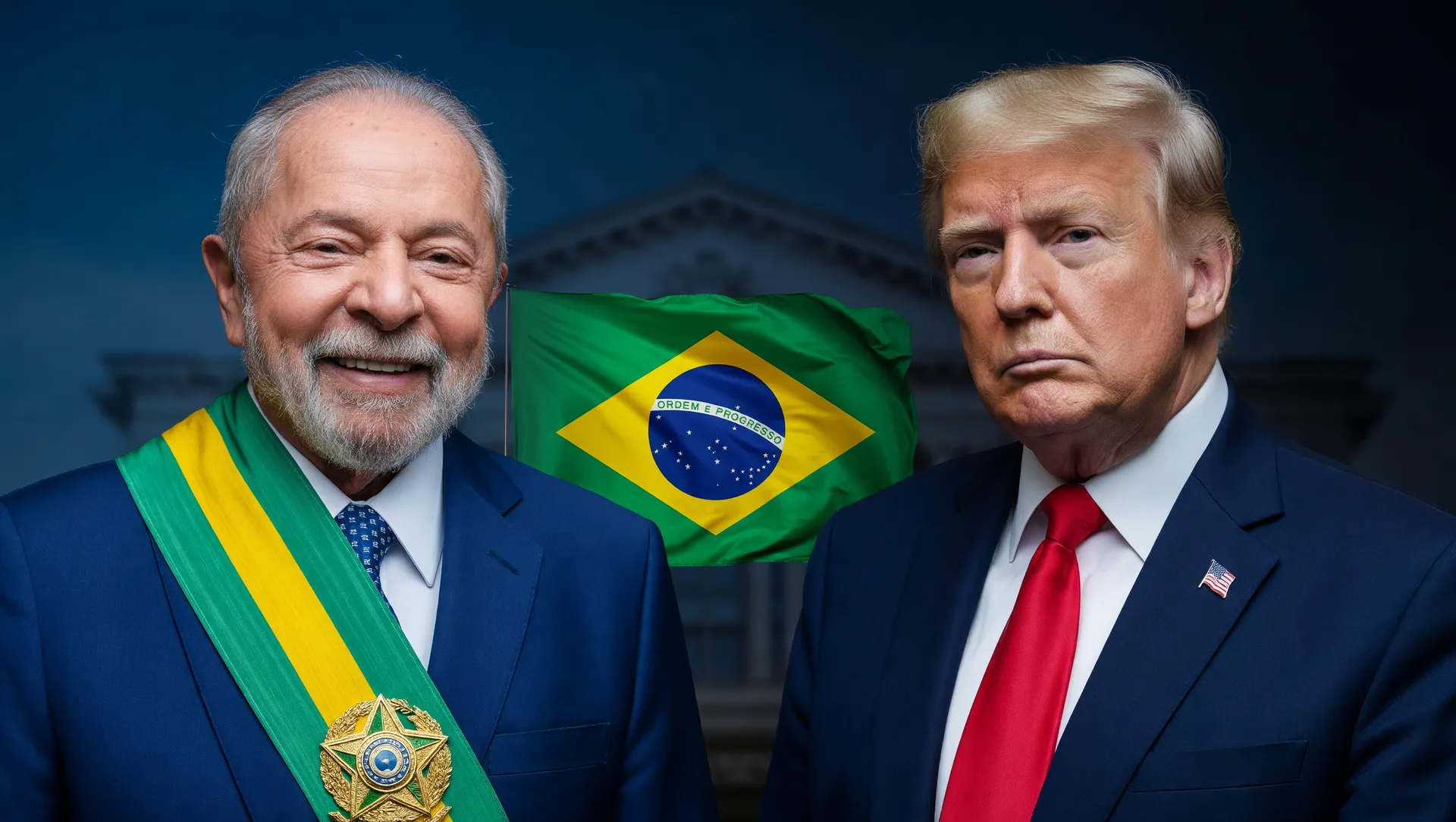 Negociação tarifas Brasil Estados Unidos: retratos presidenciais Lula, Trump e bandeira