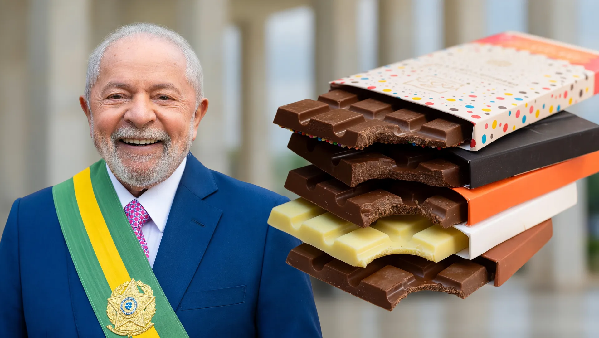 Presidente Lula ao lado de barras de chocolate ilustrando a nova lei do chocolate cacau